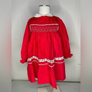 Vintage Polly Flinders Red Hand Smocked Holiday Christmas Dress Baby Girl 24M